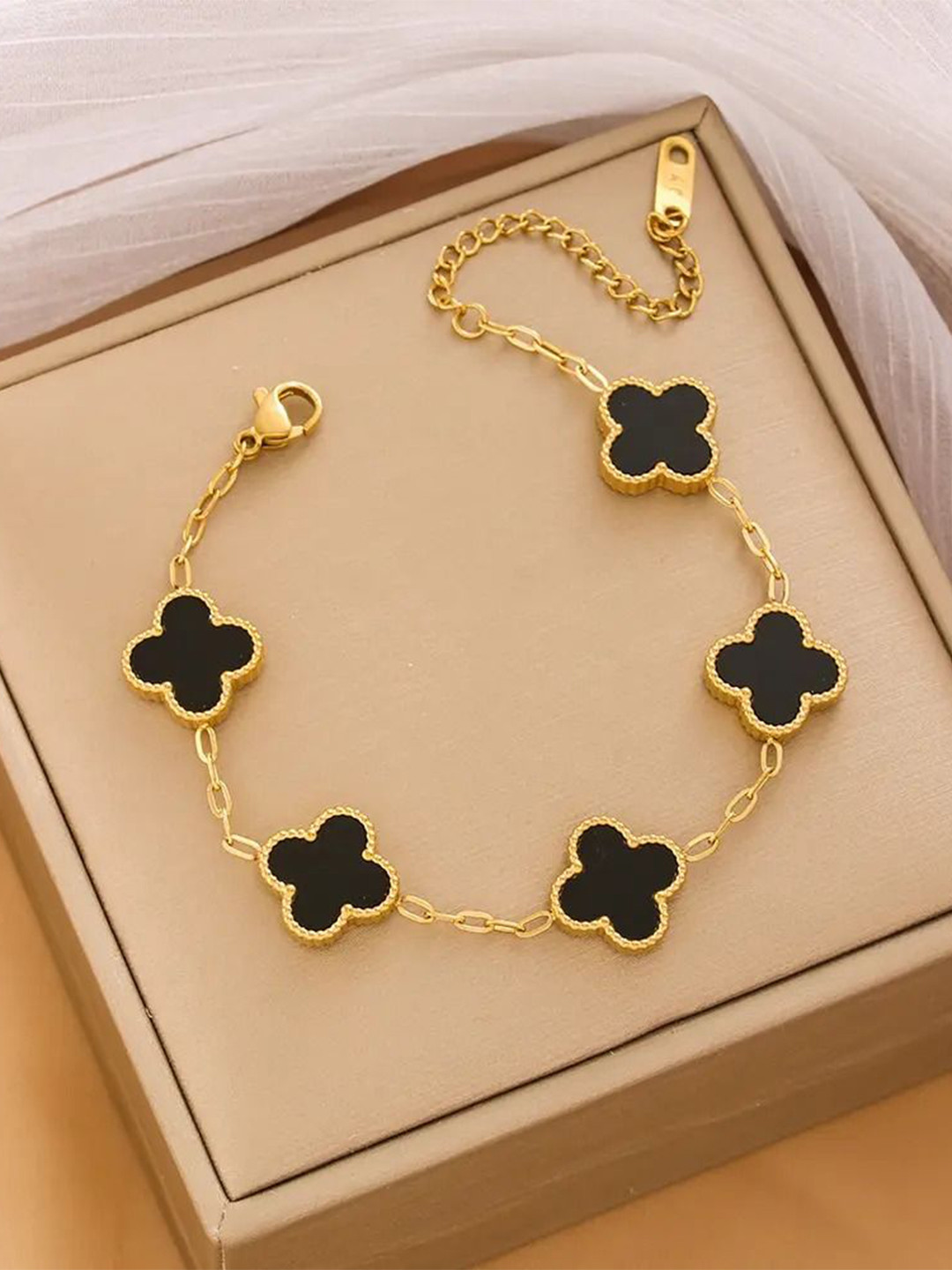 DIVASTRI Gold-Plated Stainless Steel AD Antique Clover Anti Tarnish Wraparound Bracelet