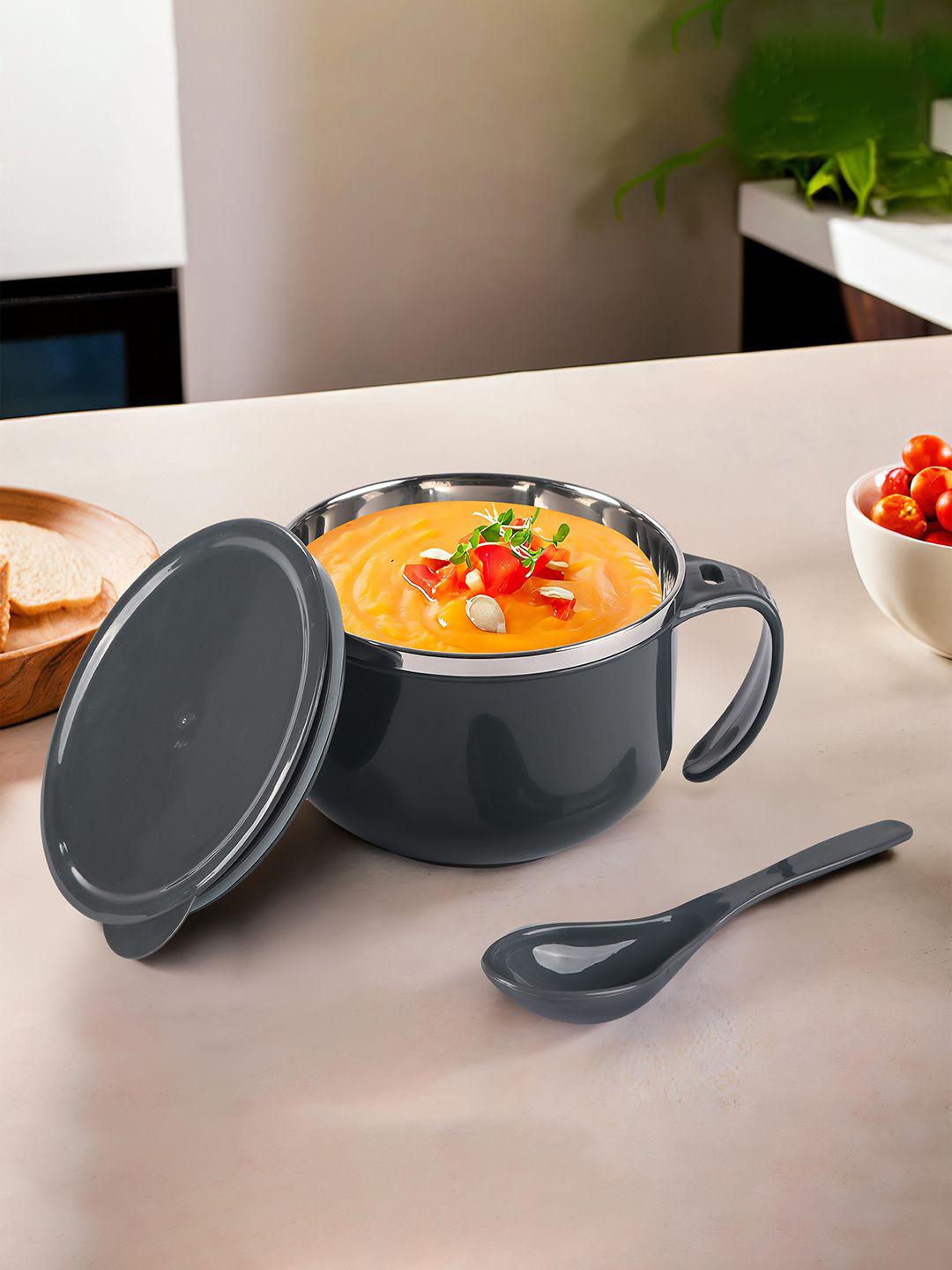 Kuber Industries Grey Stainless Steel Soup Bowls With Spoons 600ml