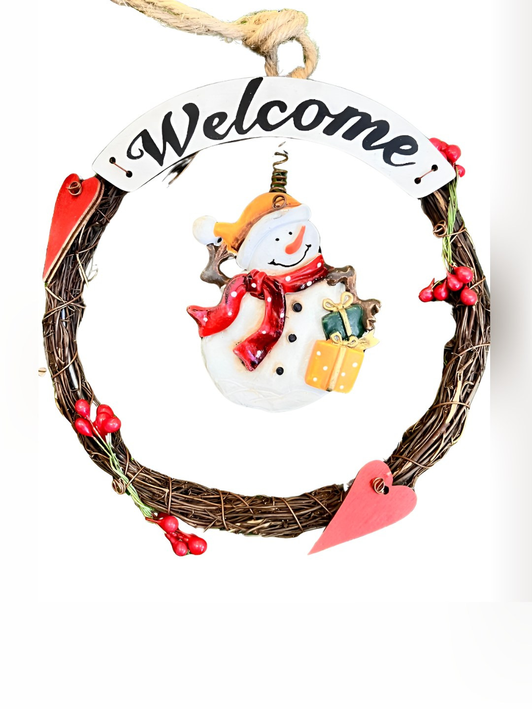 Timaya's Decor Snowman Xmas Wreath White Wood Natural Living Room Small Showpiece - 6.7 Inches