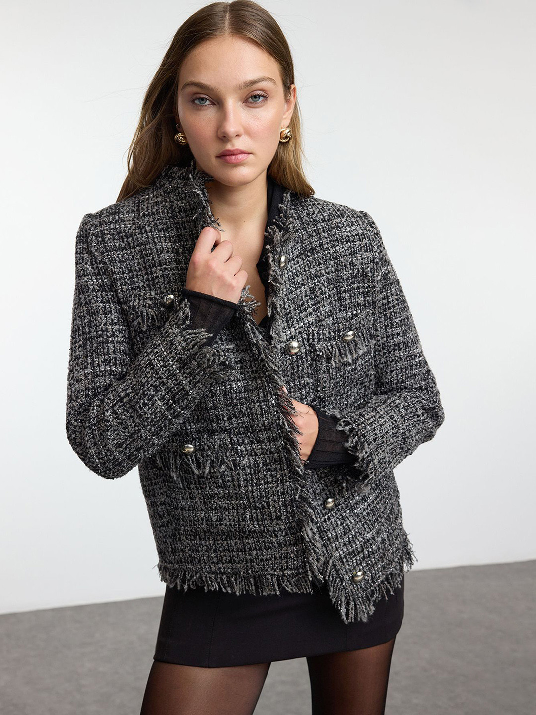 Trendyol Abstract Self Design Shawl Collar Long Sleeves Crop Tailored Jacket