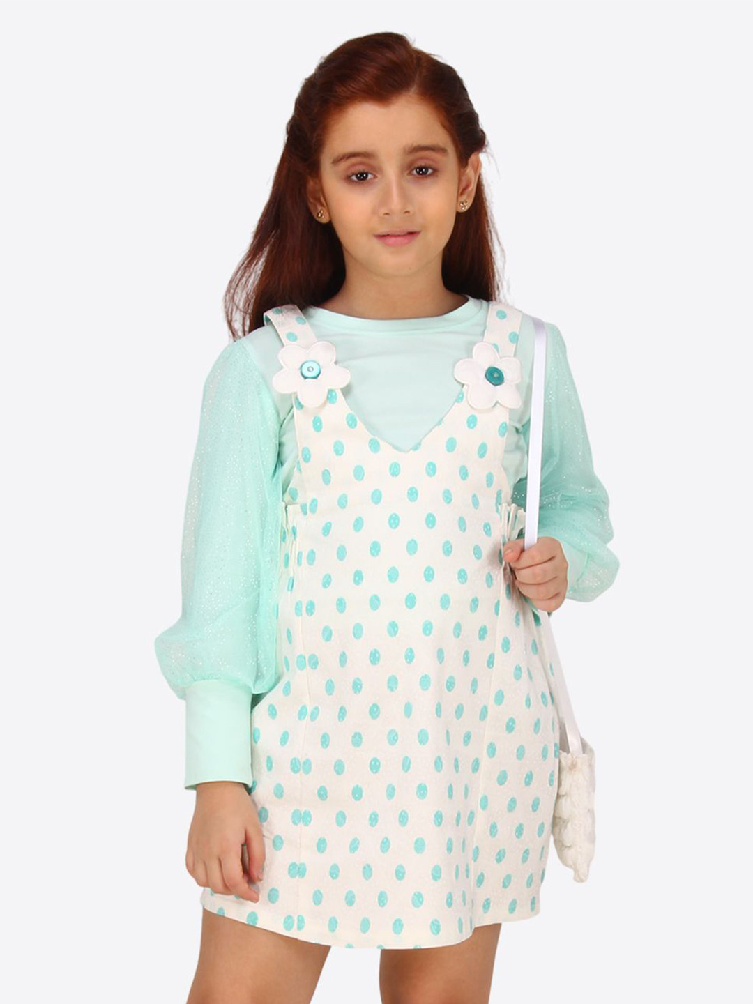 CUTECUMBER Polka Dot Print Applique Denim Pinafore Dress