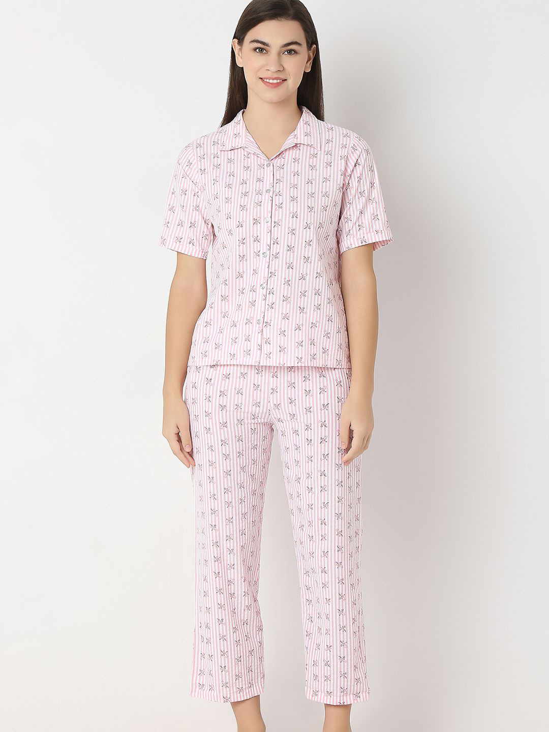 Juliet Women Printed Pure Cotton Shirt Collar Short Sleeves Night suit