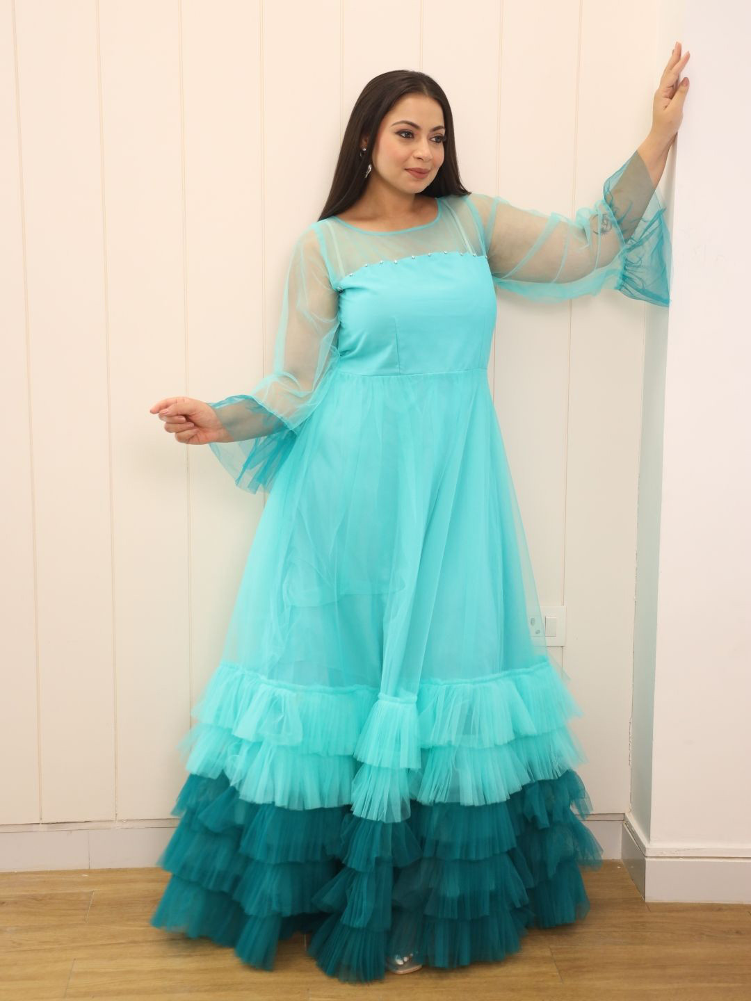 Swadeshi Shringaar Women Net Frill Tiered Maxi Dress