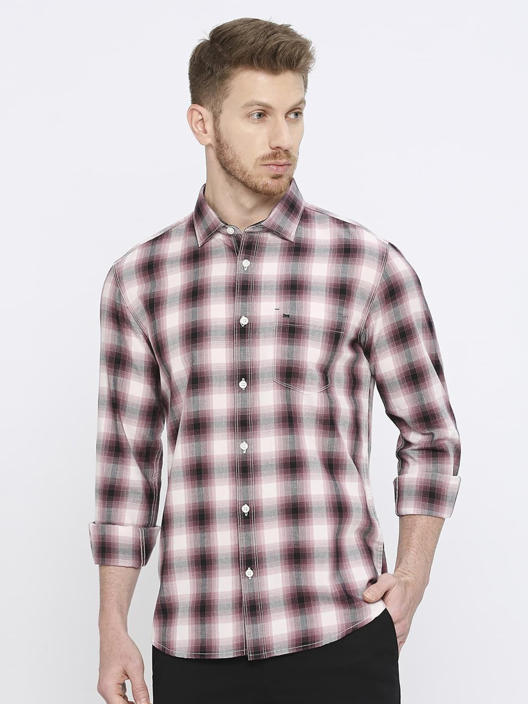 Basics Men Slim Fit Shepherd Checks Opaque Checked Casual Shirt