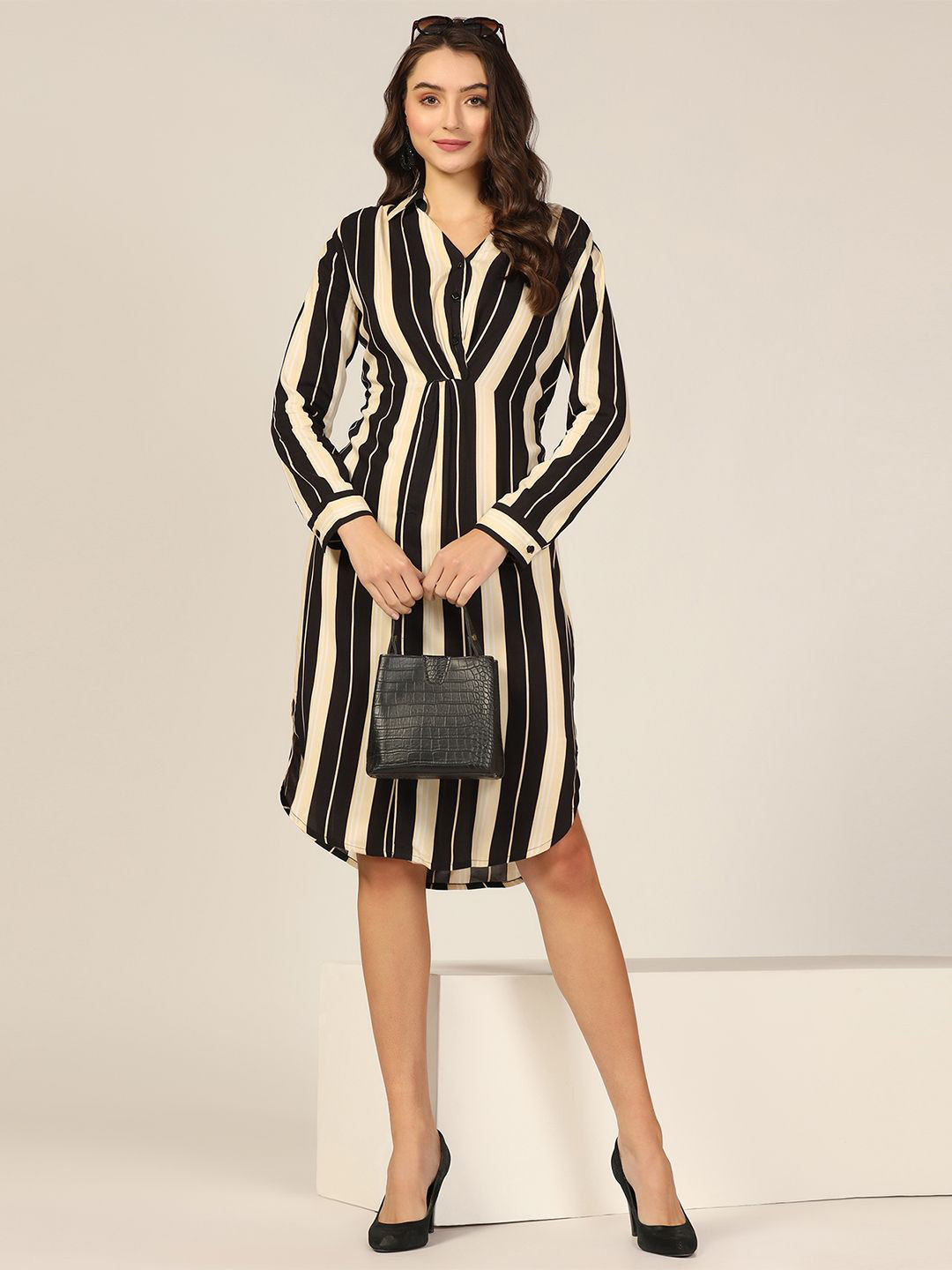 Mustard Women Shirt Collar Striped Shirt Dress