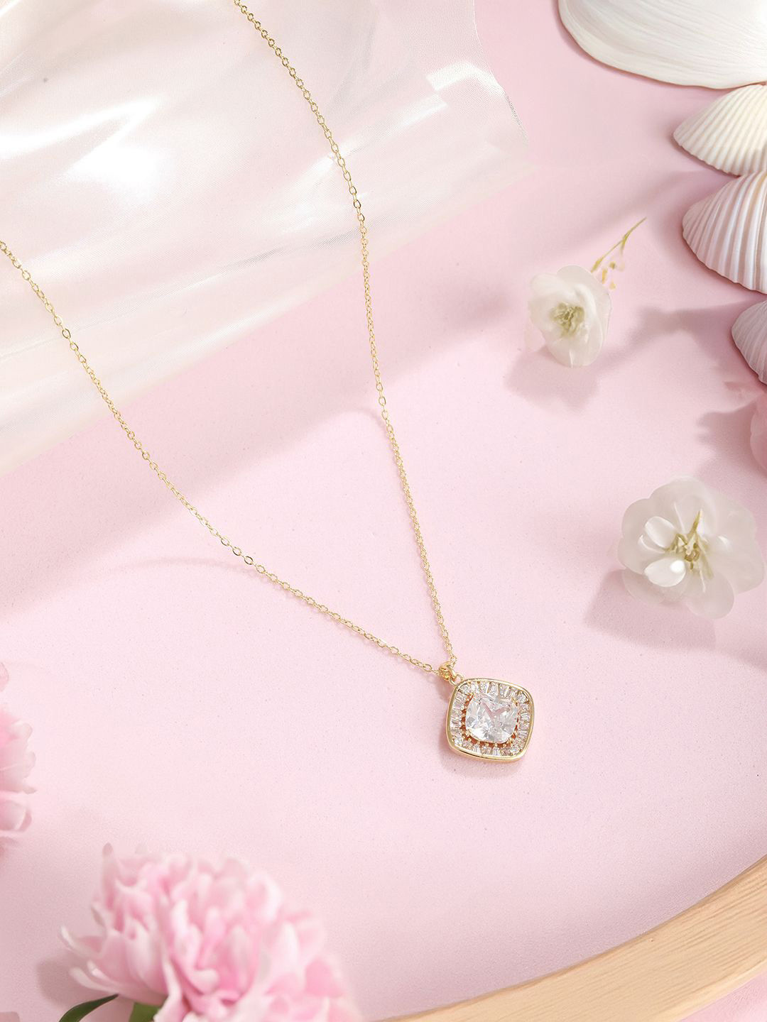 SARAF TRENDZ Gold-Plated Solitaire Crystals Studded Pendant Chain