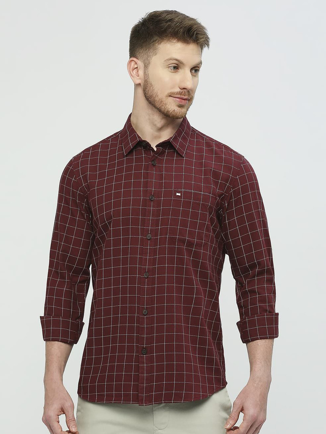 Basics Men Slim Fit Windowpane Checks Opaque Checked Casual Shirt