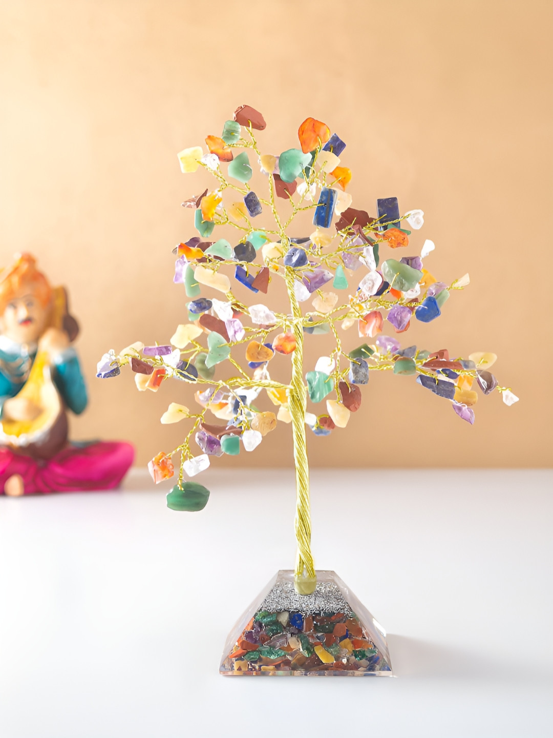 Golden Peacock Tree Gold Stone Matte Living Room Hand-Crafted Medium Showpiece - 7.5 Inches