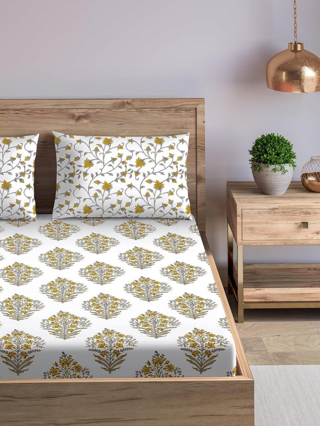 Trance Home Linen Fiesta Yellow Ethnic Motifs Cotton 180 TC Fitted King Fine Bedsheet with 2 Pillow Covers-108 x 108 inches