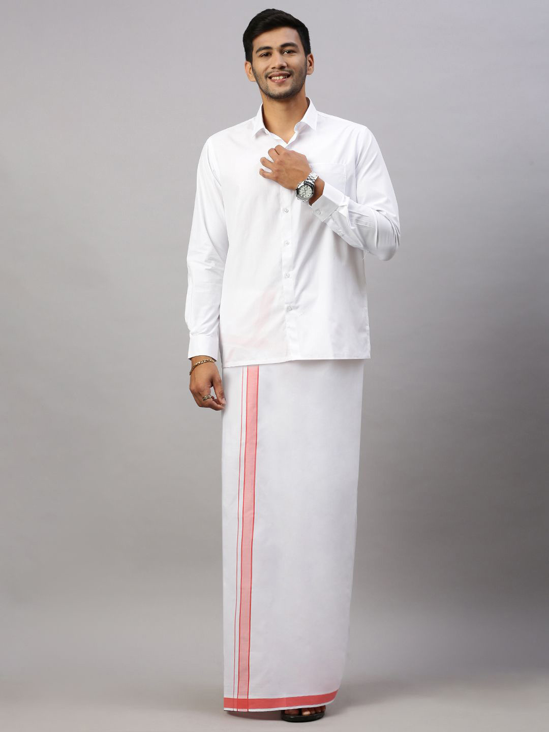 Ramraj Men Solid Formal Cotton Blend Shirt with Dhoti