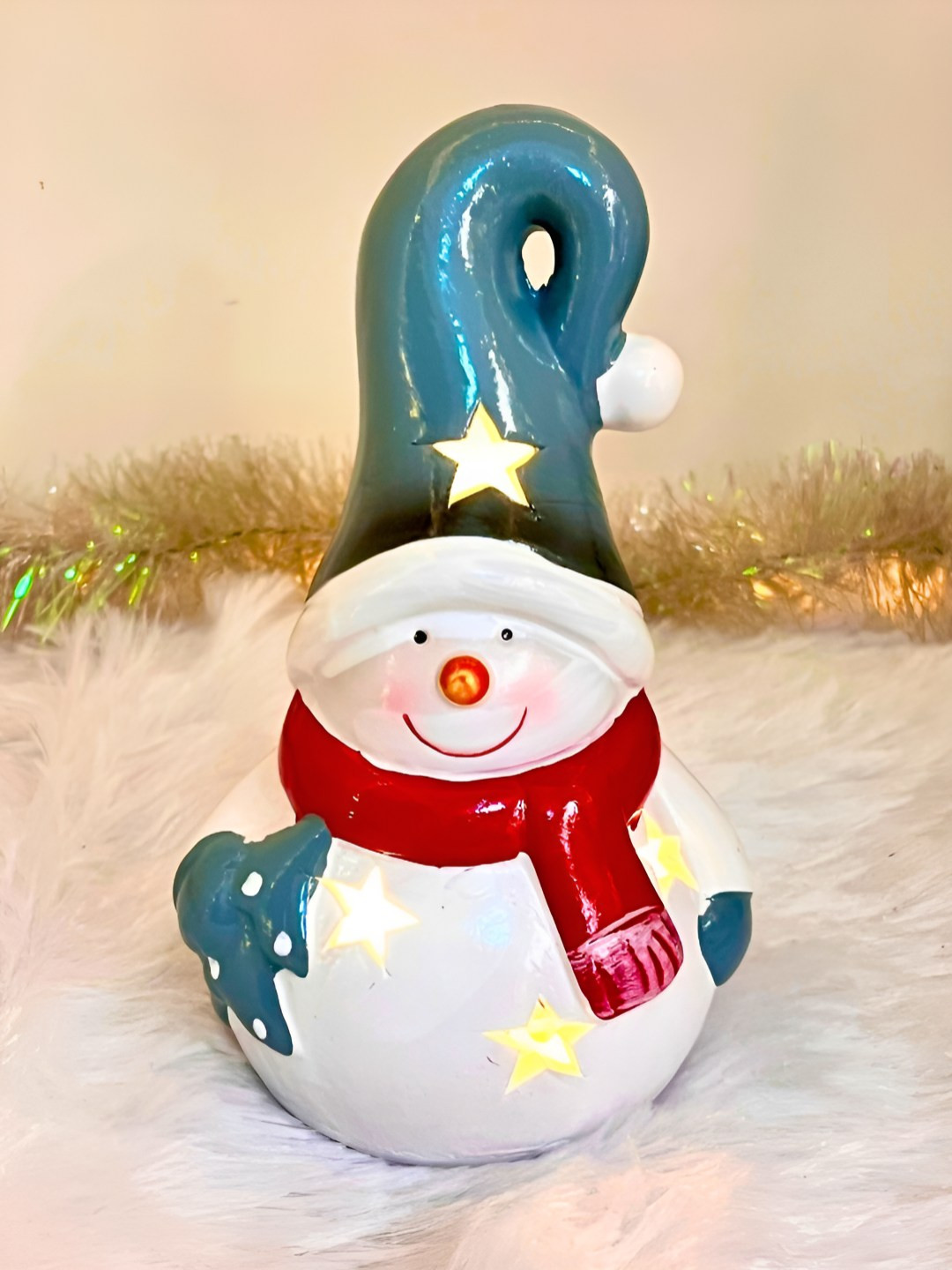 Timaya's Decor X'mas Snowman LED Surprise Grey Ceramic Natural Living Room Small Showpiece - 6 Inches