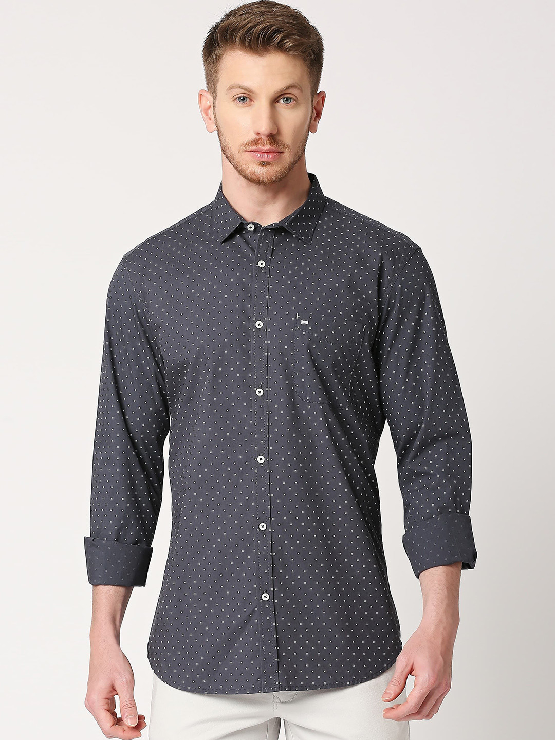 Basics Men Slim Fit Opaque Printed Casual Shirt