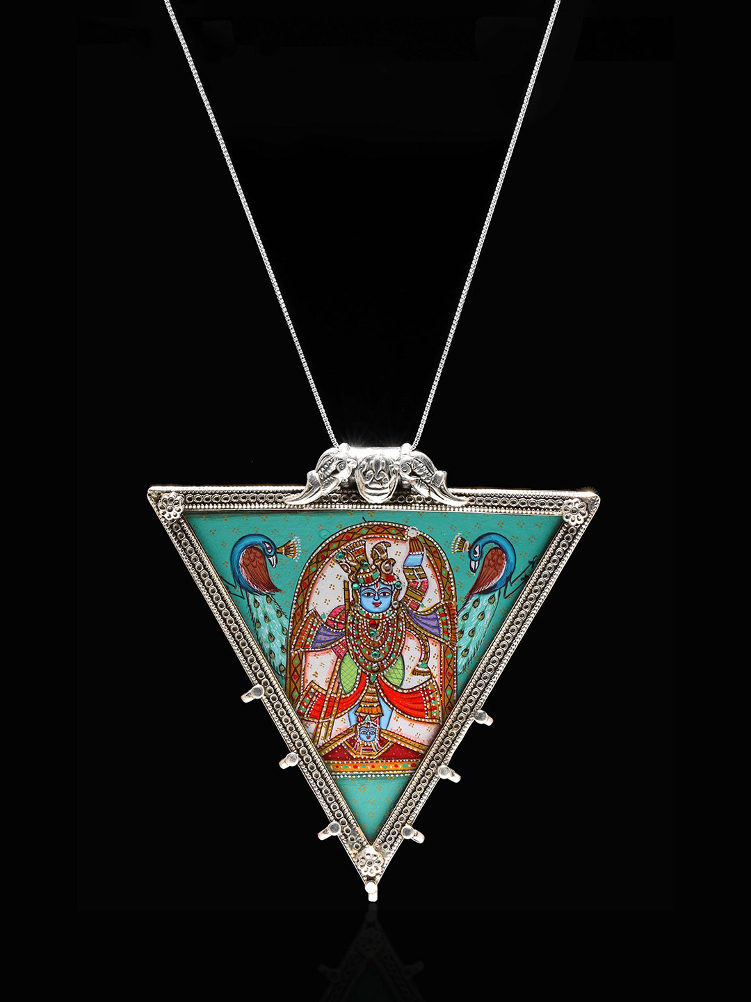 Exotic India Sterling Silver Triangle Shape Hand Painted Shrinathji Pendant