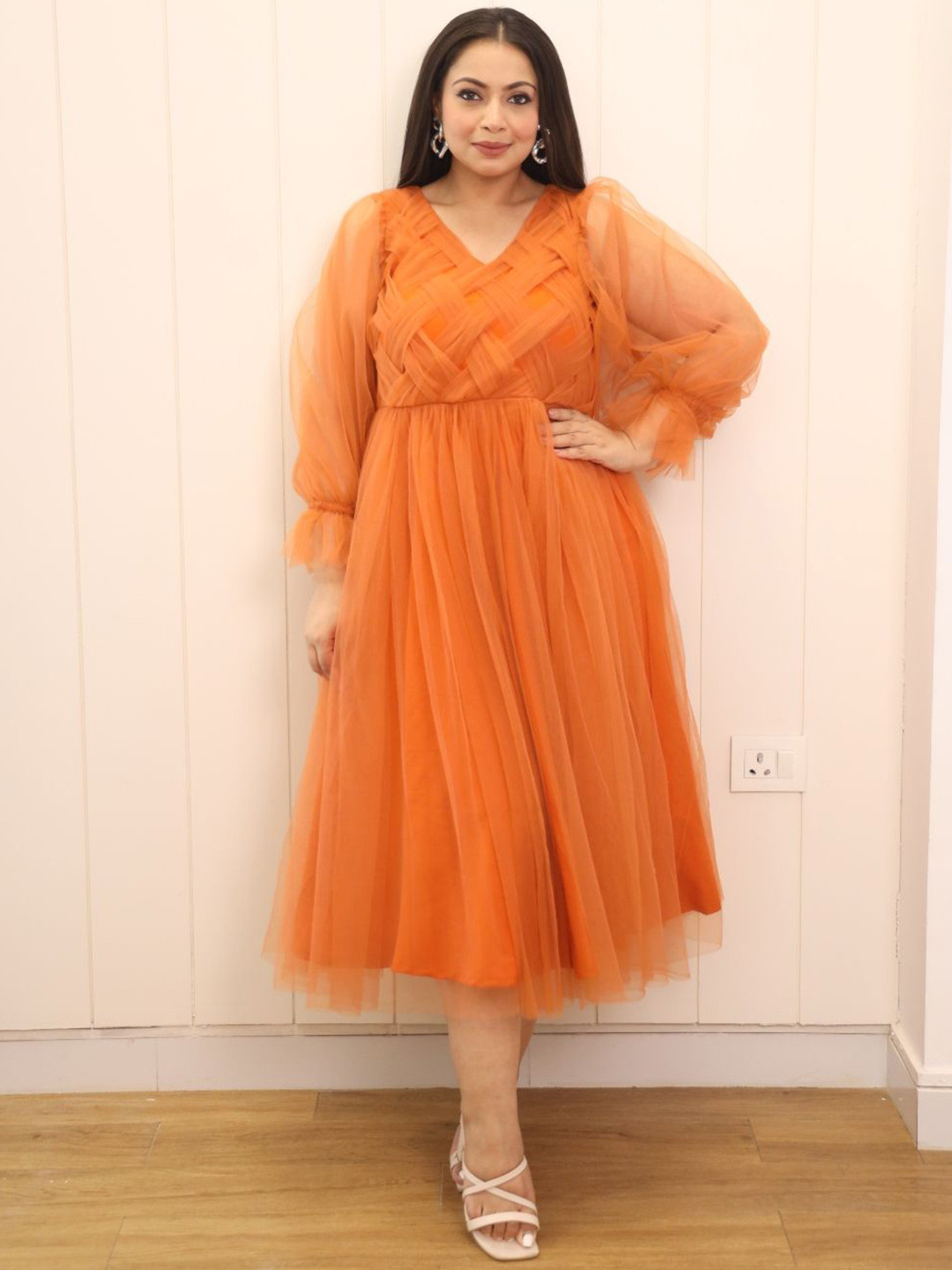 Swadeshi Shringaar Women V-Neck Fit & Flare Midi Dress