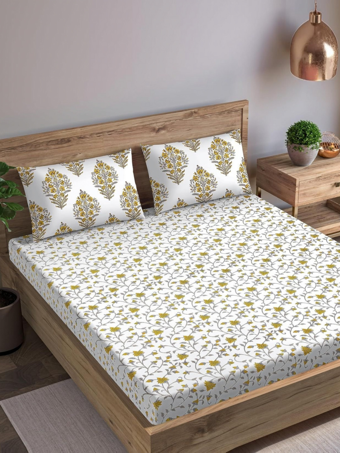 Trance Home Linen Yellow Floral Cotton 180 TC Single Fine Bedsheet with a Pillow Cover-90 x 54 inches