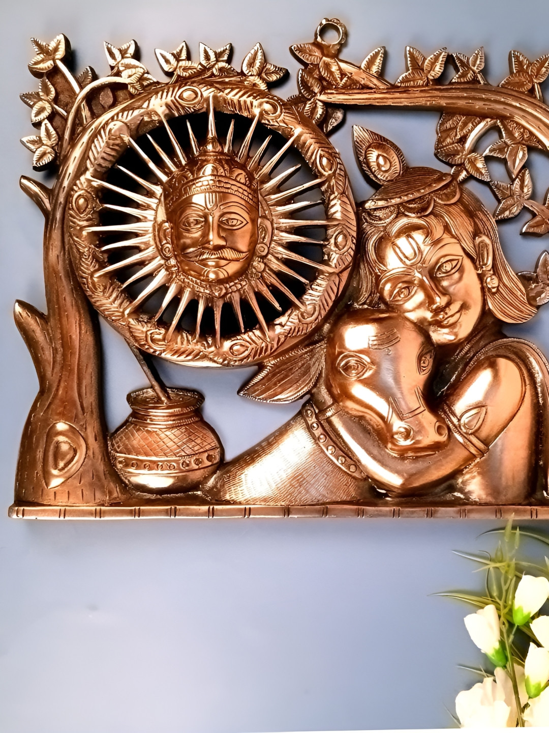 apka mart Krishna with Cow & Sun Big Wall Hanging Metal Glossy Spiritual Wall Decor-15.4In