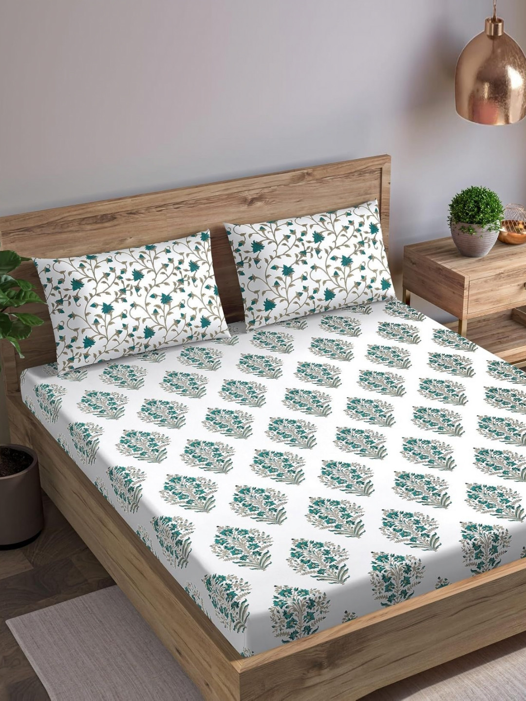 Trance Home Linen Green Floral Cotton 180 TC Double Fine Bedsheet with a Pillow Cover-90 x 54 inches