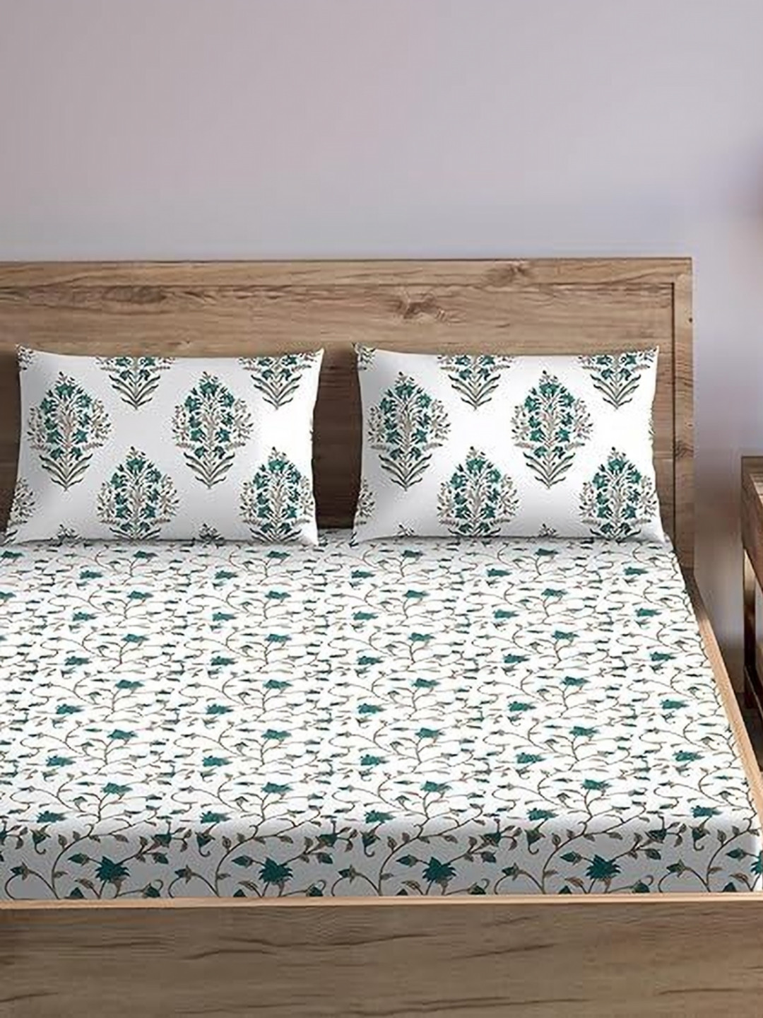 Trance Home Linen Green Floral Pure Cotton 180 TC Double Fine Bedsheet with a Pillow Cover-90 x 54 inches