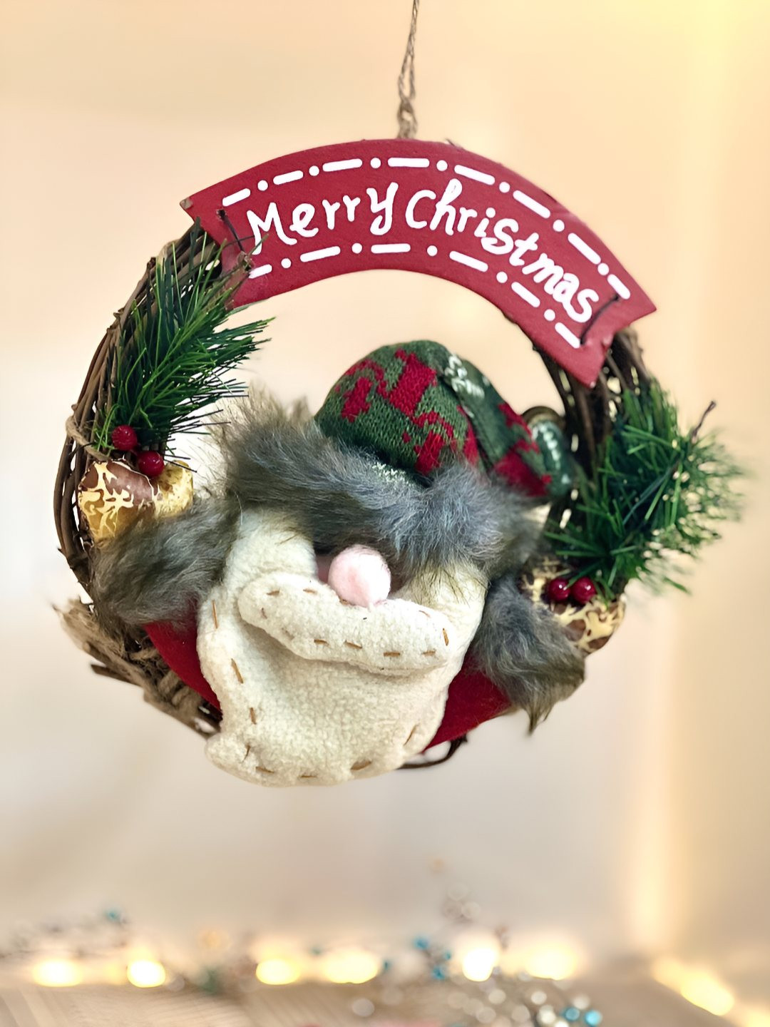 Timaya's Decor Jingly Santa Wreath White Fabric Matte Living Room Large Showpiece - 17 Inches