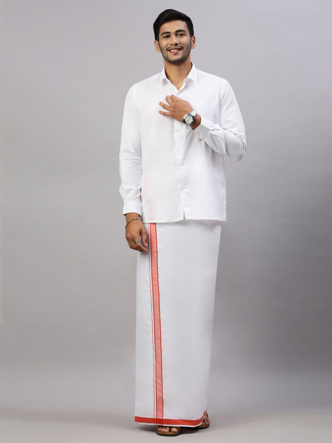 Ramraj Men Solid Formal Cotton Blend Shirt with Dhoti