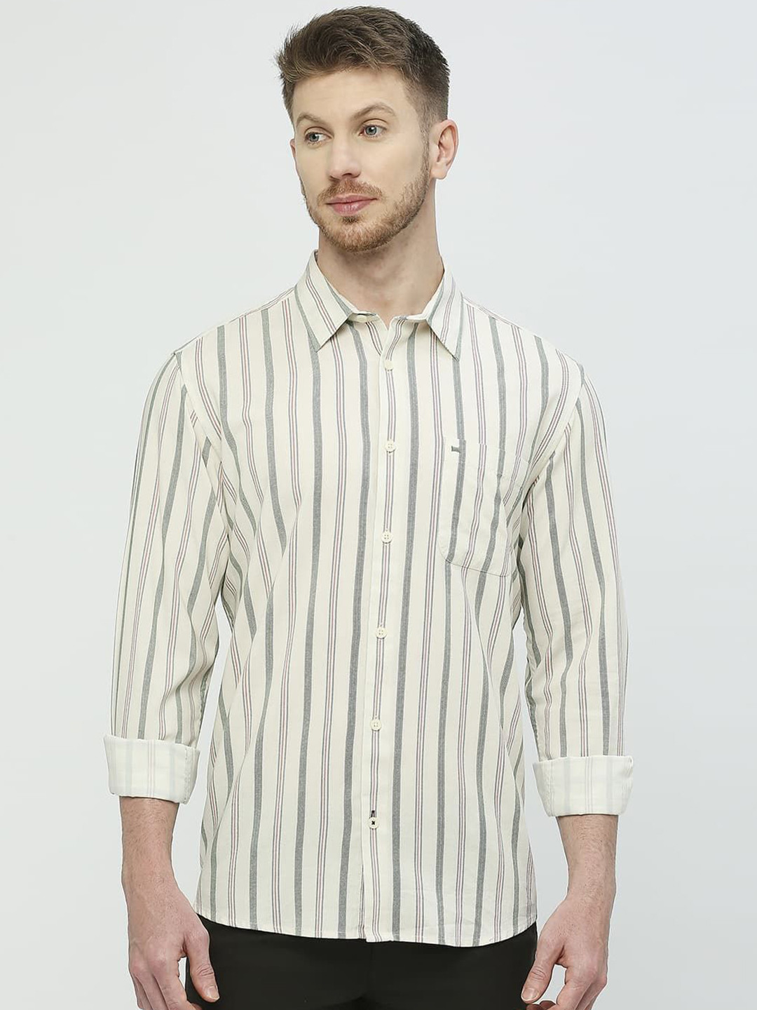 Basics Men Slim Fit Pinstripes Opaque Striped Casual Shirt
