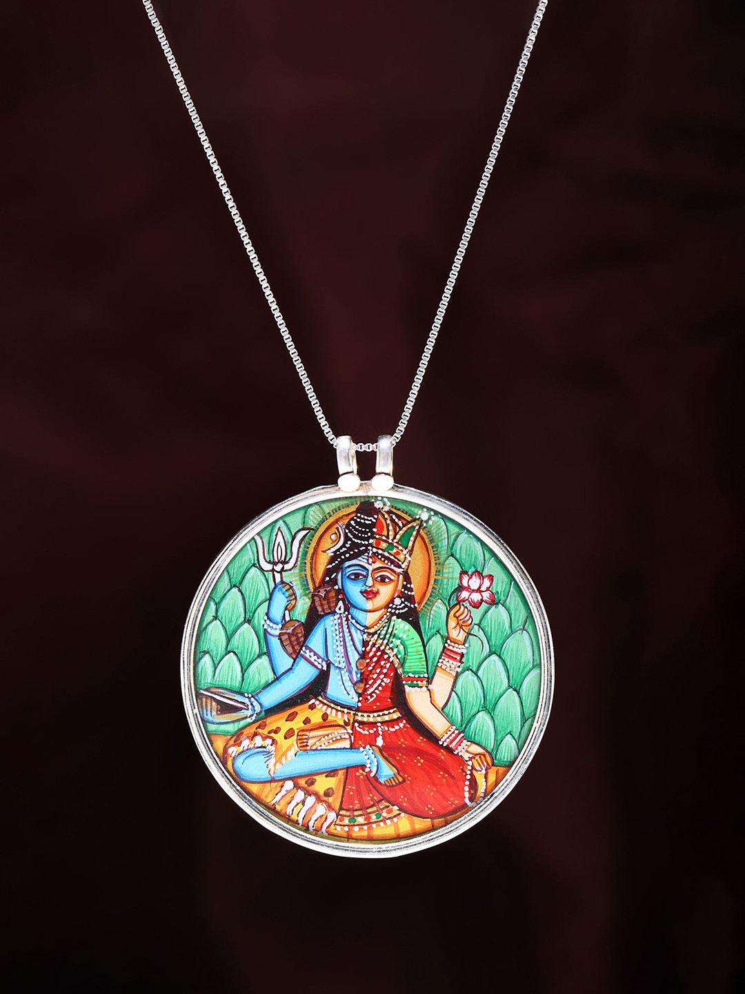 Exotic India Round Shape Hand Painted Ardhanarishvara (Shiva Shakti) Pendant