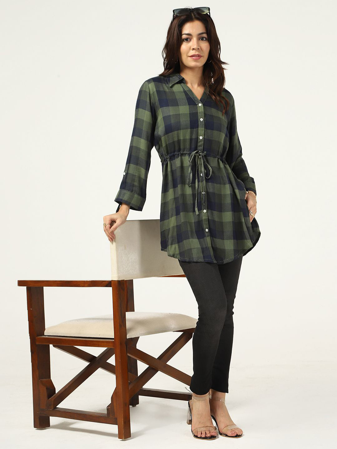 Mustard Women Checked Shirt Style Top