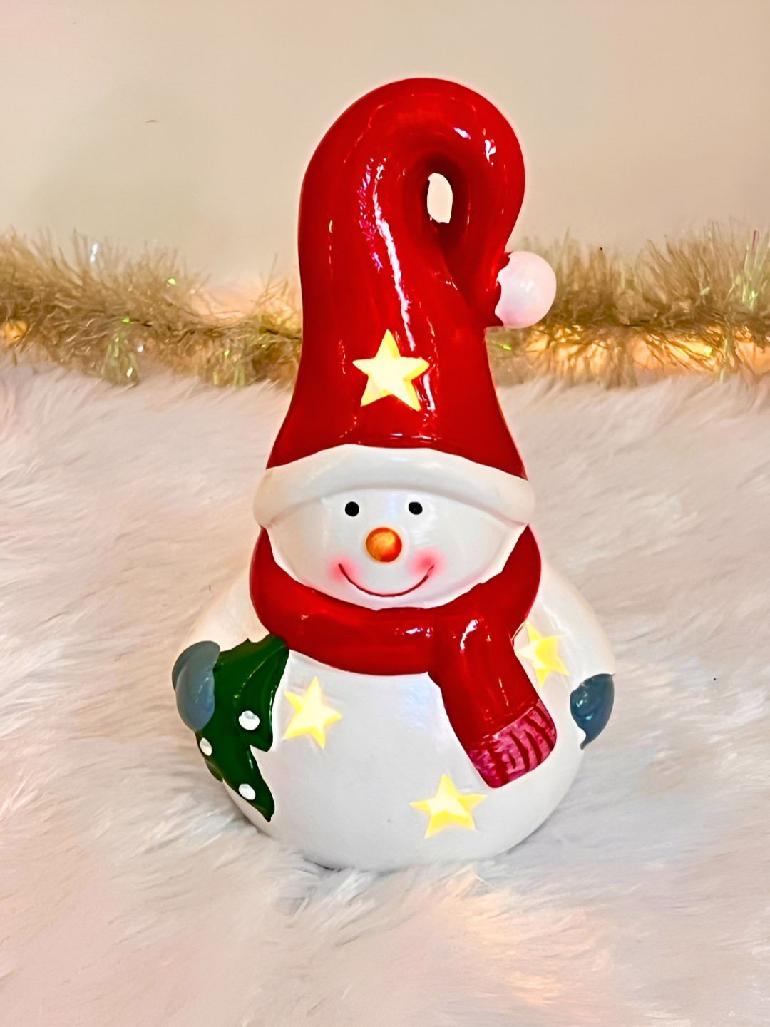 Timaya's Decor X'Mas Snowman Led Surprise Red Ceramic Glossy Living Room Tiny Showpiece - 6 Inches