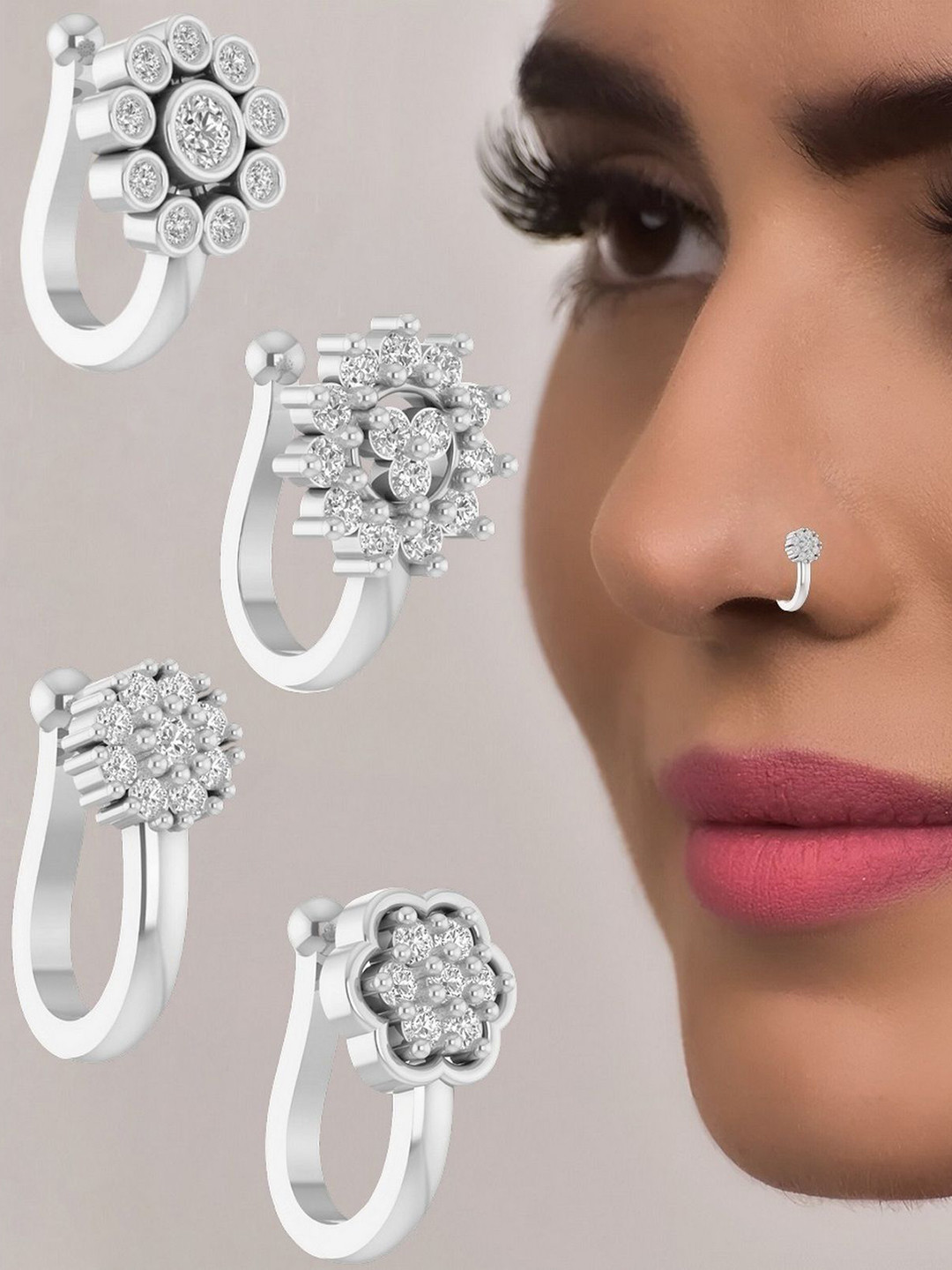 VAMA Women Set of 4 Pcs Diamond Silver Stone Clip on Non Piercing Stone Nosepin