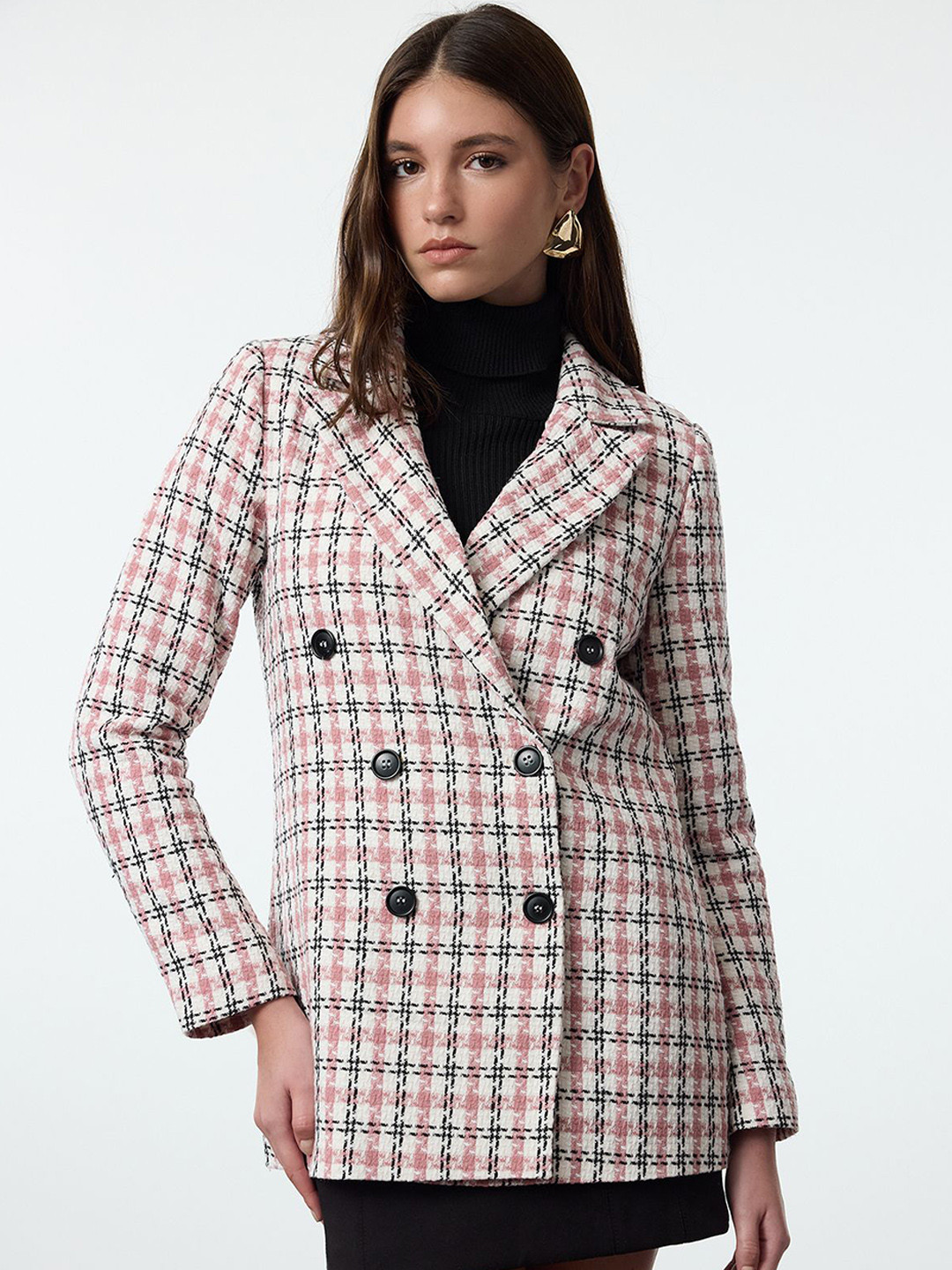 Trendyol Checked Lapel Collar Long Sleeves Longline Tailored Jacket