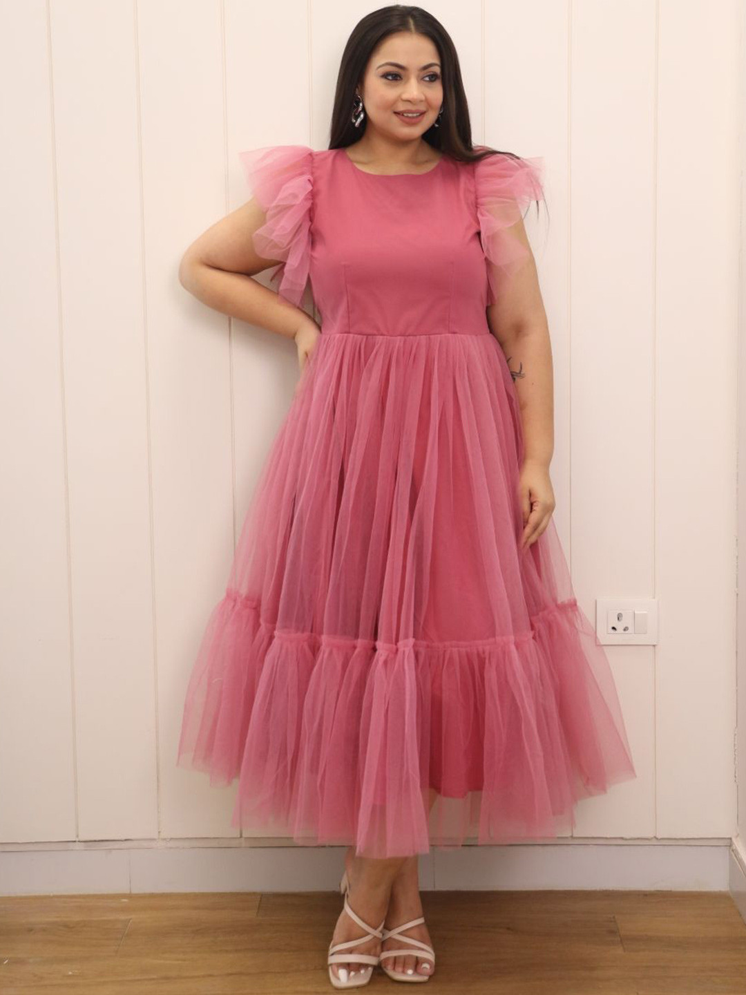 Swadeshi Shringaar Fit and Flare Flutter Sleeves Midi Dress