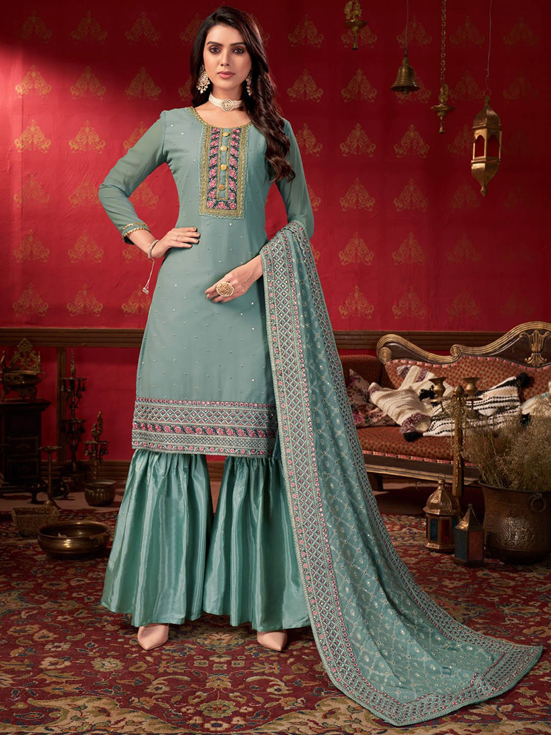VARNI FABRICS Embellished Silk Georgette Semi-Stitched Dress Material