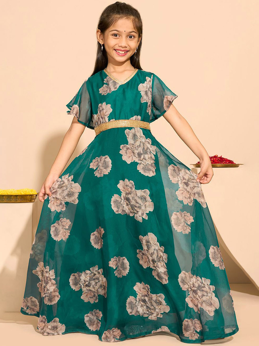 Maybell Girls Floral Printed A-Line Silk Anarkali Dress