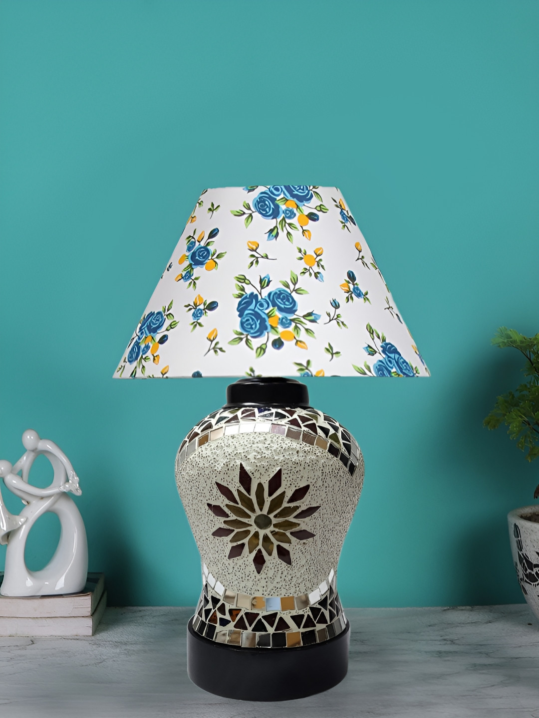 Devansh White Printed Mirror Work Glass Traditional Table Lamp with Shade