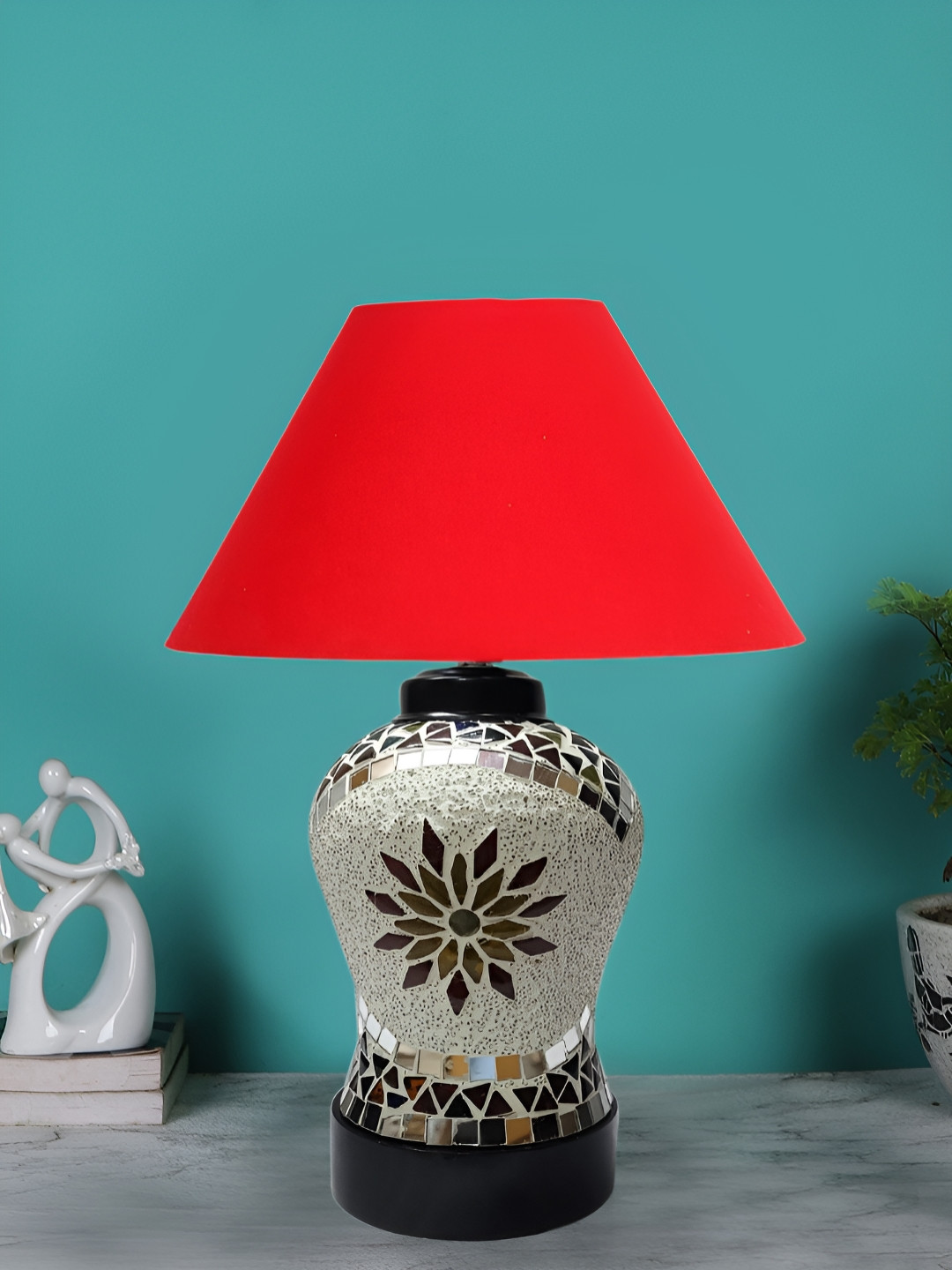 Devansh Red Glass Traditional Glass Mirror Work Table Lamp