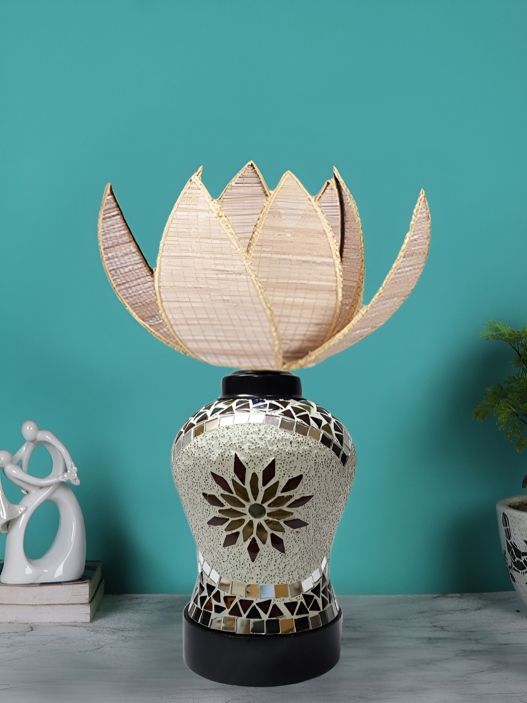 Devansh Beige Glass Traditional Table Lamp with  Abstract Shaped Shade
