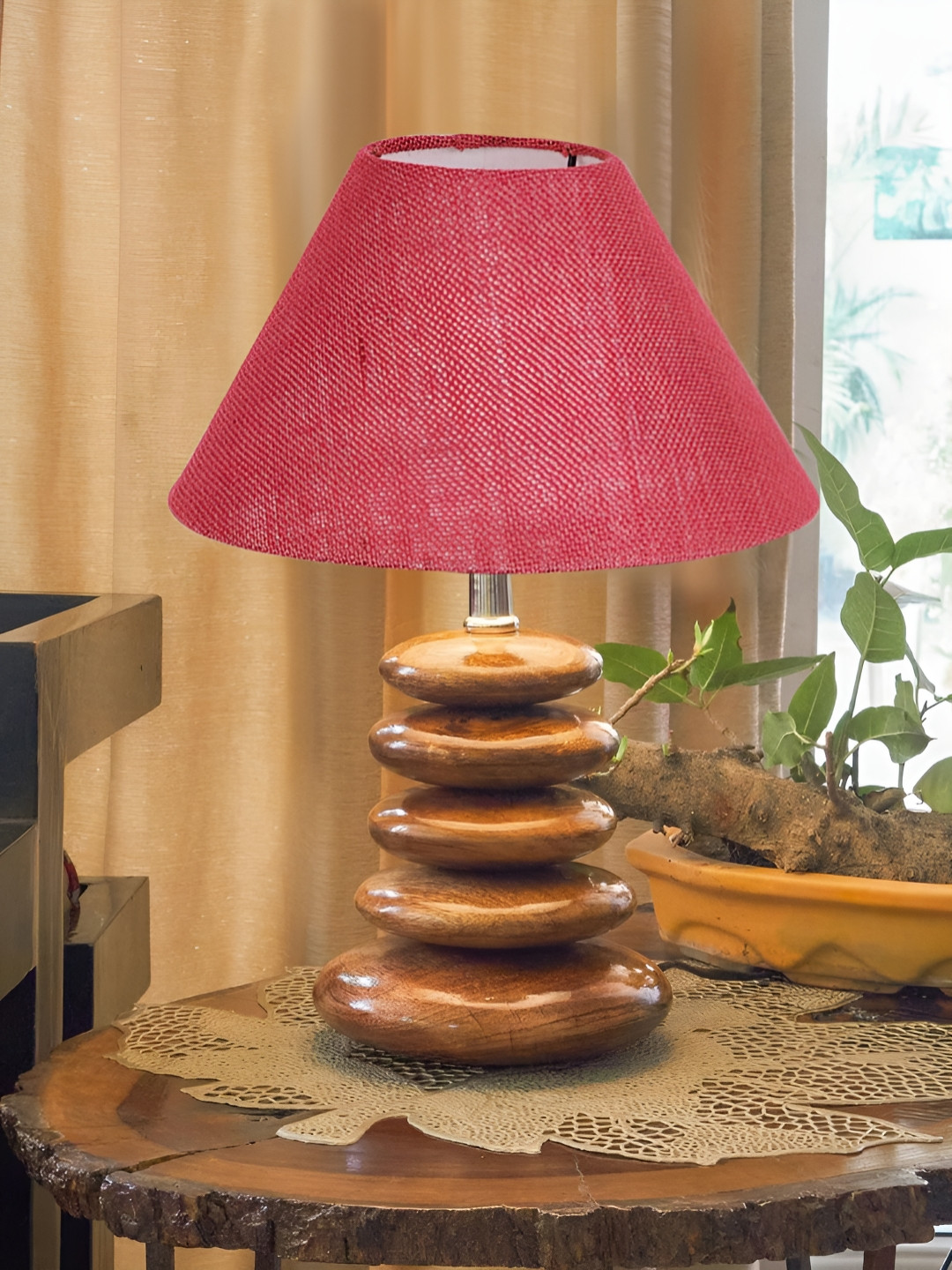 Devansh Pink Textured Wood Triangle Table Lamp