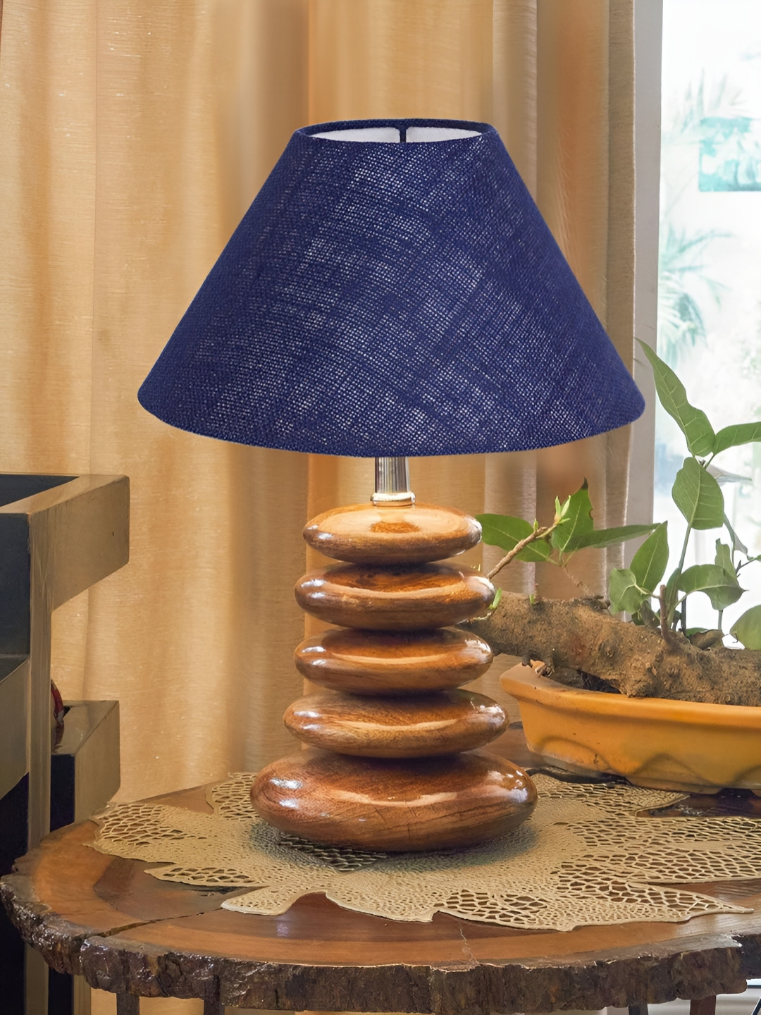 Devansh Blue Textured Wood Abstract Shaped Table Lamp