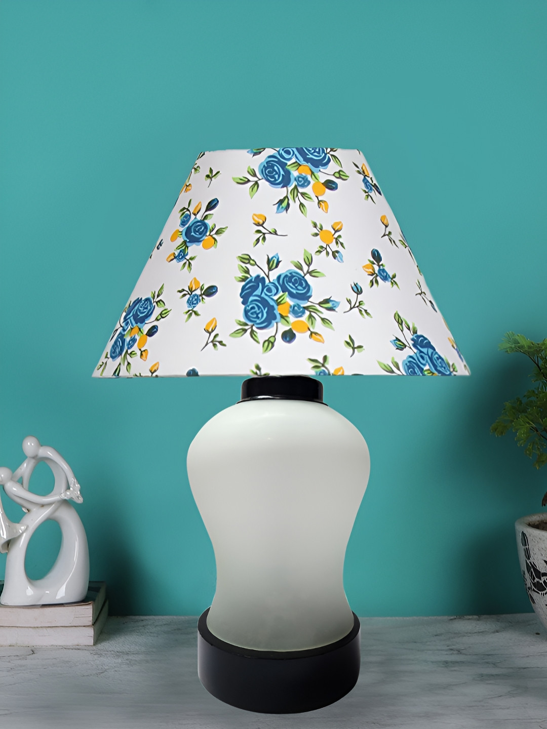 Devansh Turquoise Blue Printed Glass Traditional Table Lamp