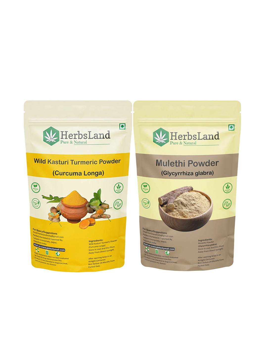 HerbsLand Set Of 2 Wild Kasturi Turmeric Powder & Mulethi Powder - 100 g Each