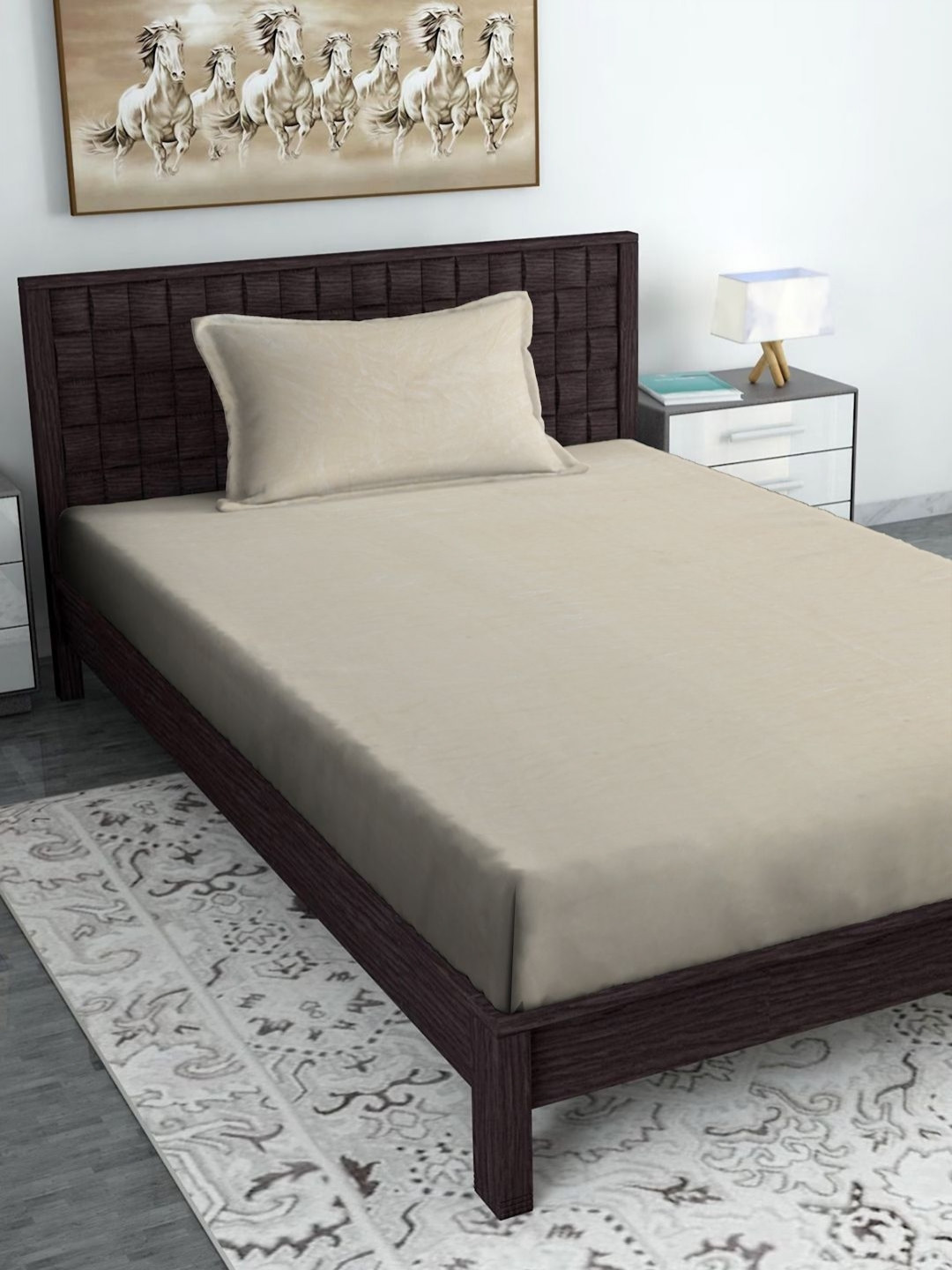 HOSTA HOMES Cream Solid Polyester 300 TC Single Fine Bedsheet with a Pillow Cover-152 x 228 cm