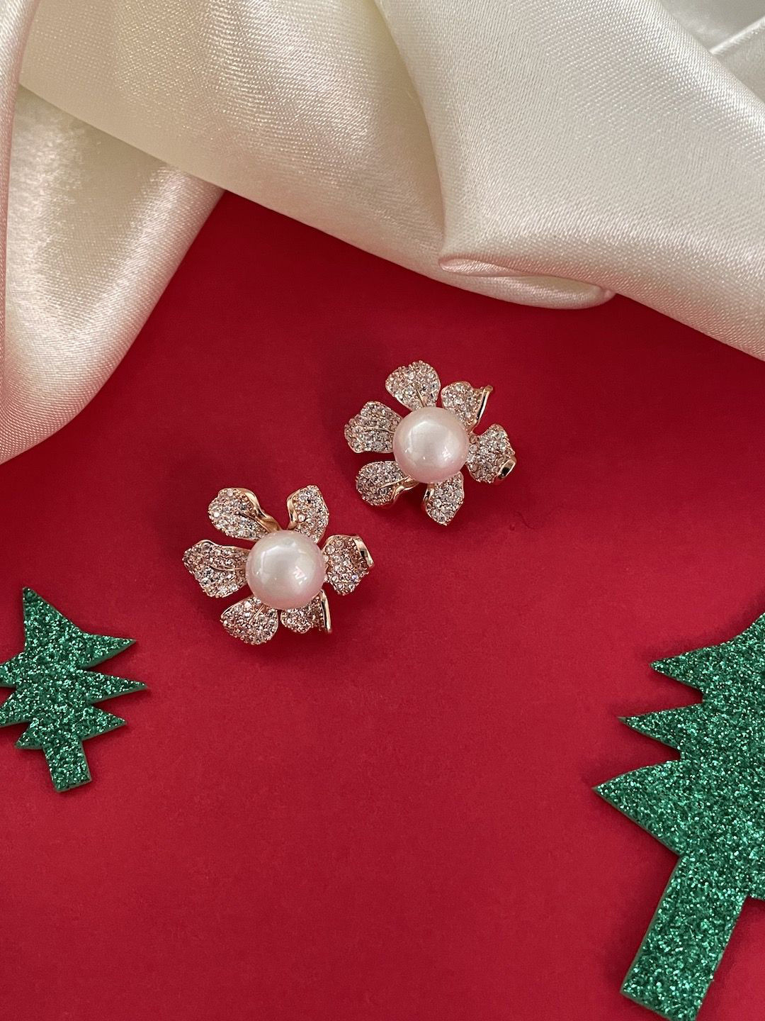 Digital Dress Room Gold Plated CZ Studded Floral Studs Earrings