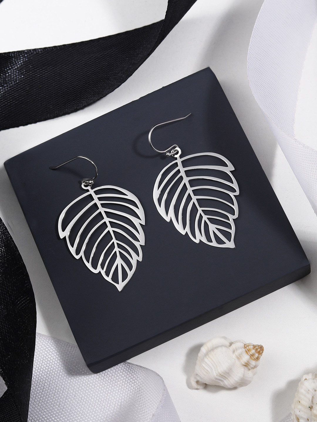 DIAVO Leaf Shaped Rhodium Plated Drop Earrings