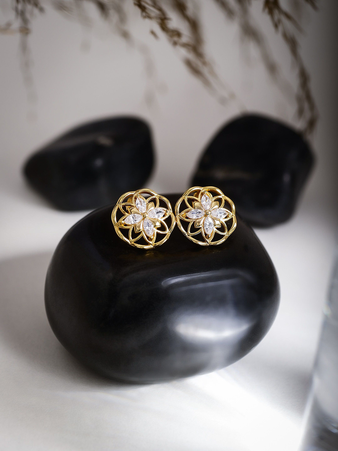 DIAVO Women Gold Plated CZ Studded Studs Earrings