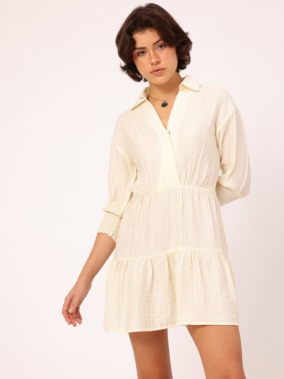 DressBerry Crinkled Textured Tiered Mini Shirt Style Dress