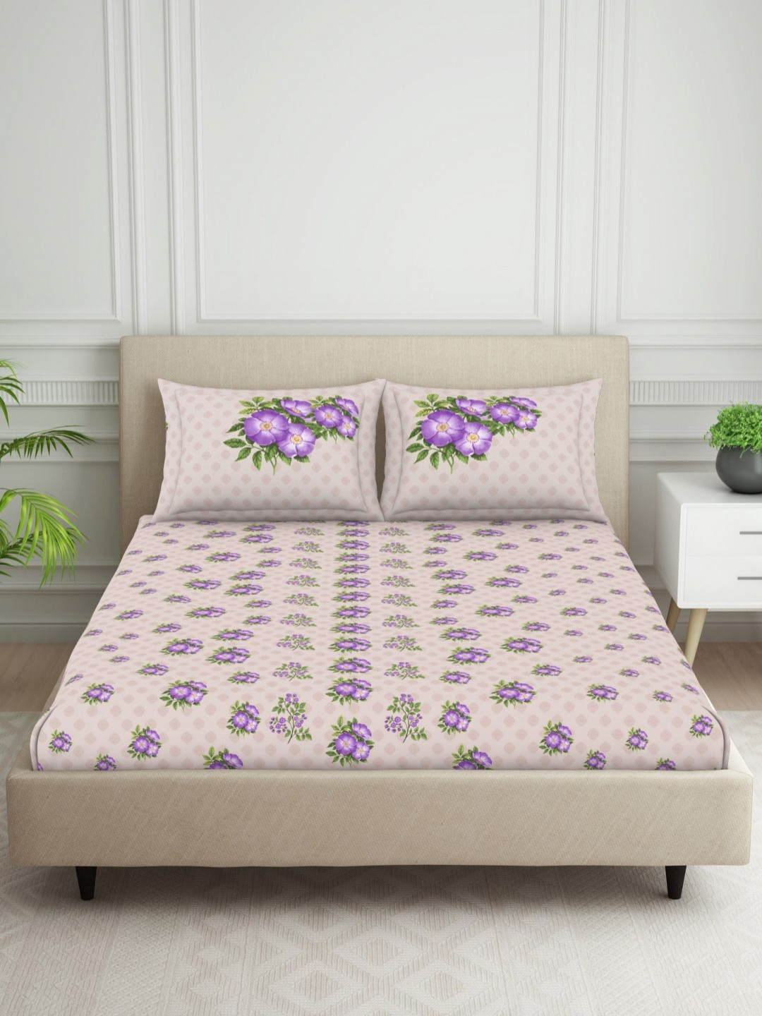 SPACES Essentials AW24 Violet Printed Pure Cotton 130 TC Queen Bedsheet Set 2.24 x 2.54 m