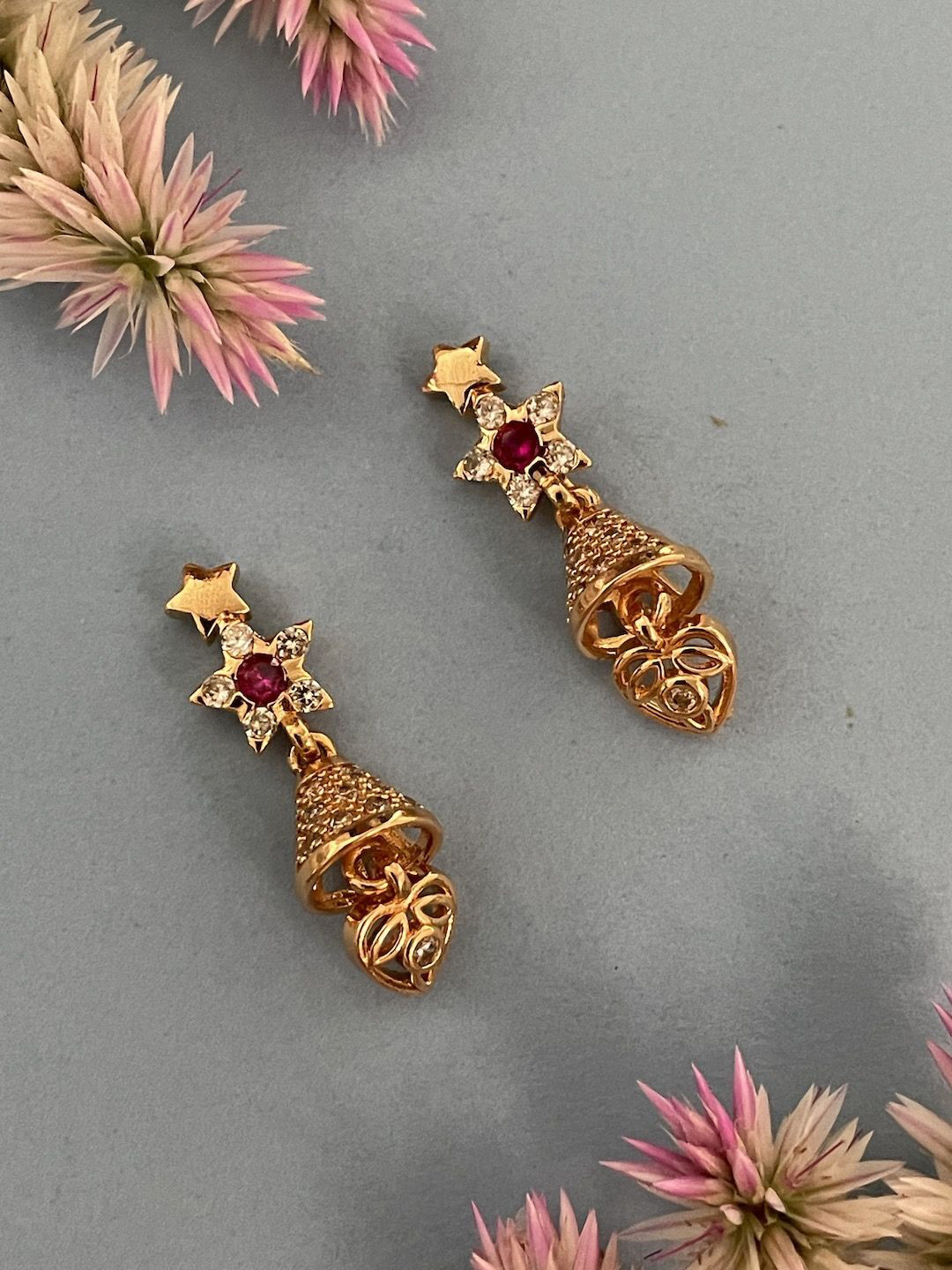 Digital Dress Room Gold Plated Red AD-Studded Jhumkas Earrings