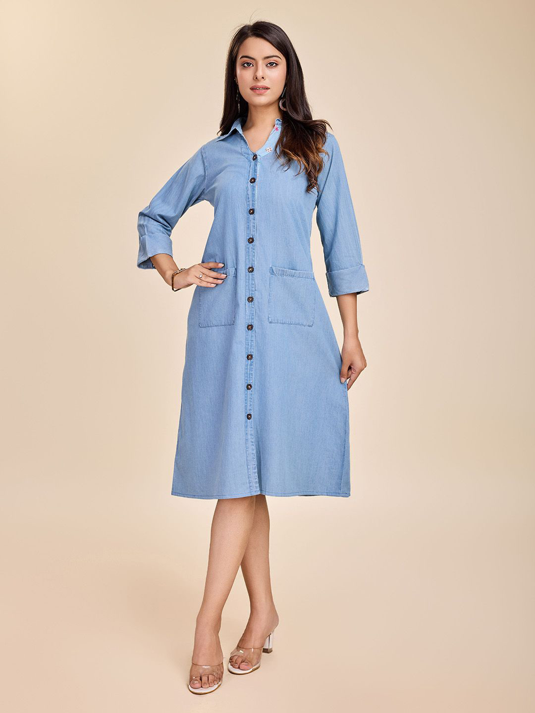Komarri U Women Shirt Collar Denim A-Line Midi Dress