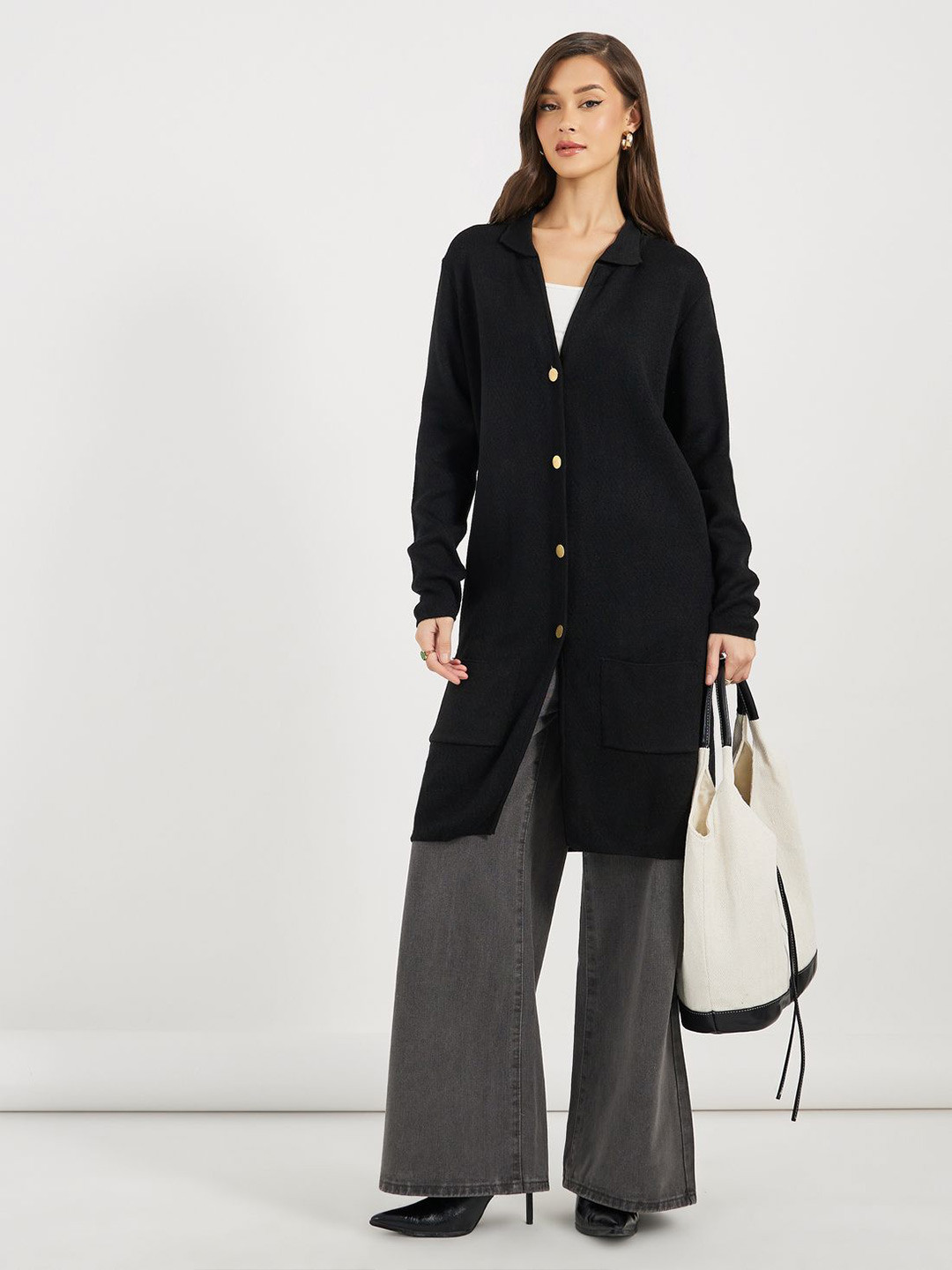 Styli Collared Acrylic Longline Cardigan