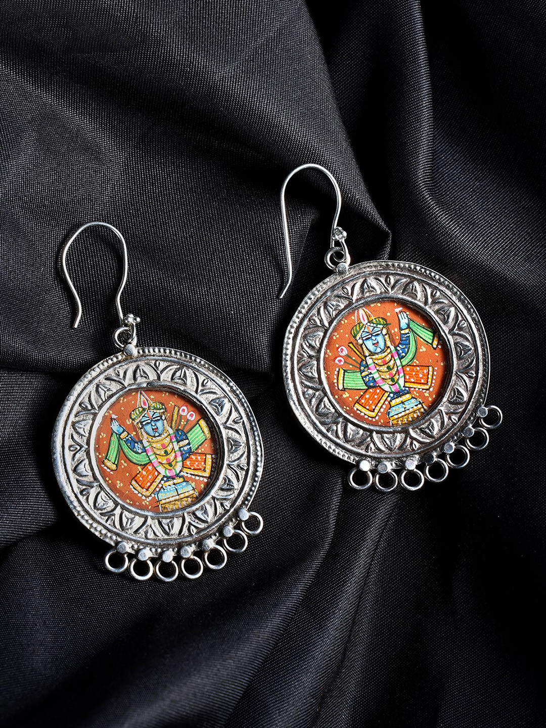 Exotic India Hand Painted Shrinathji Hook Earrings in Sterling Silver